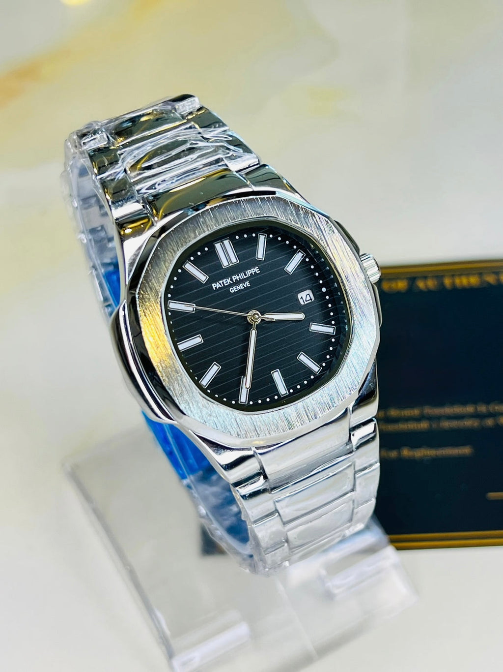Patek Phillipe Nautilus (Black Dial- Silver Chain)
