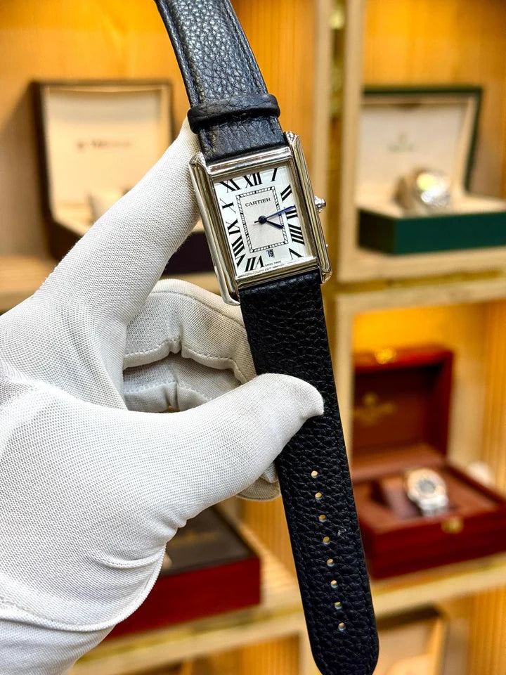 Cartier Tank – White Dial Black Leather Strap